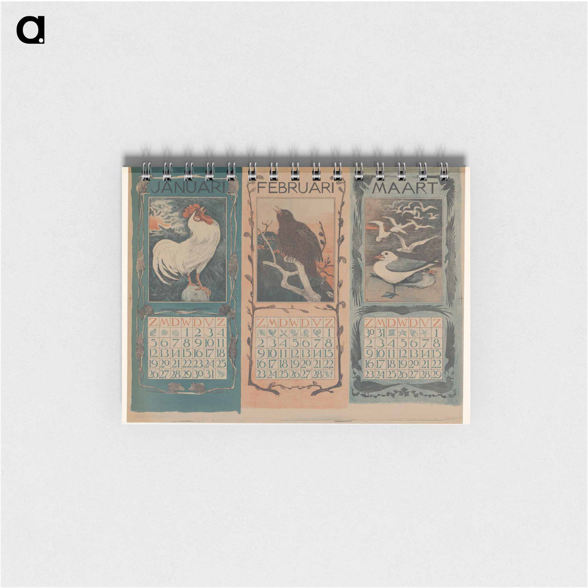Kalenderbladen van januari, februari en maart, met vogels - テオ ヴァン ホイテマ Memo.