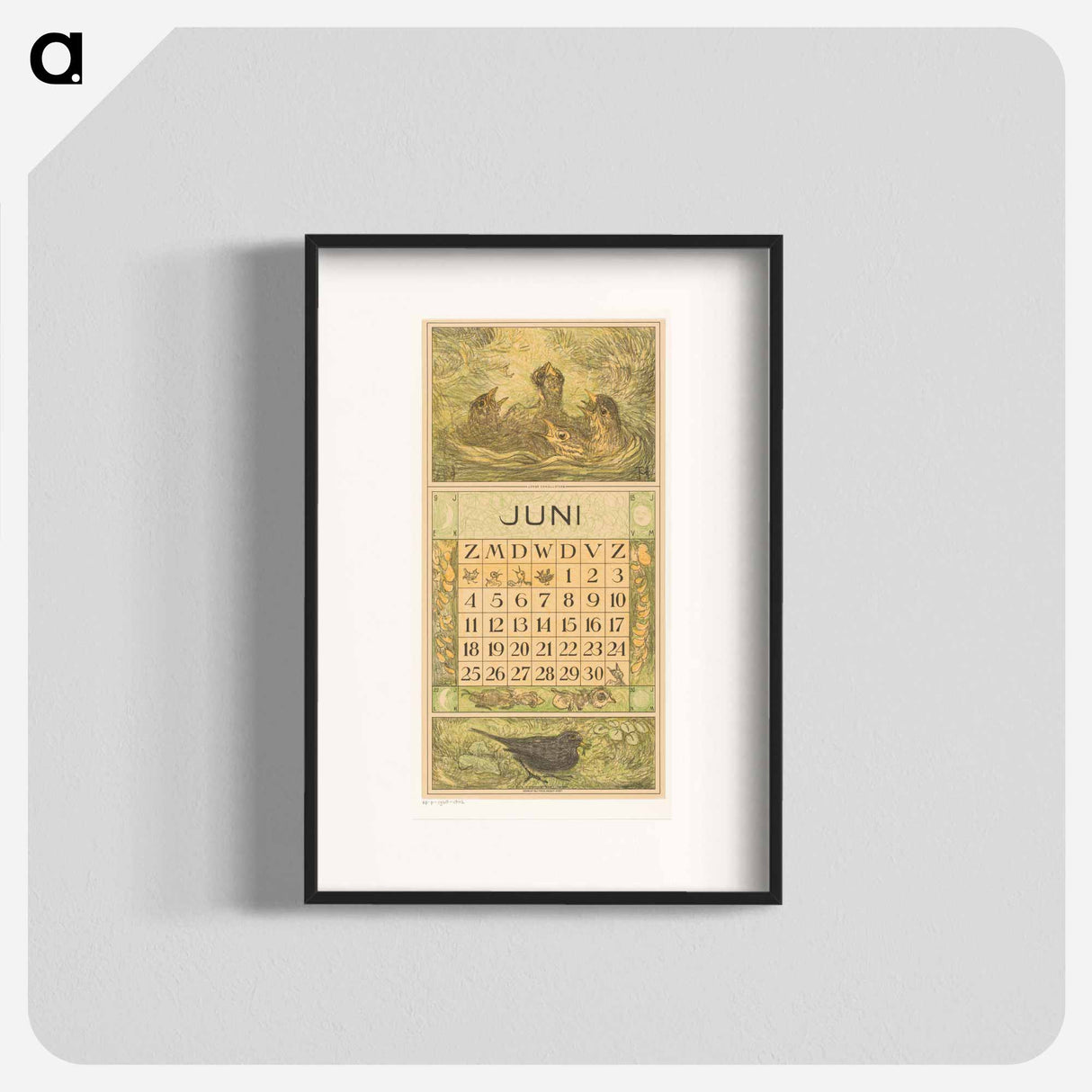 Kalenderblad juni met jonge vogels in een nest - テオ ヴァン ホイテマ Poster.