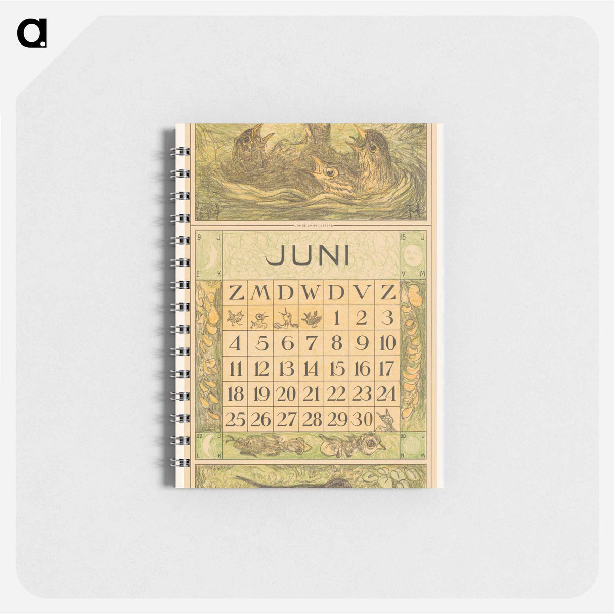 Kalenderblad juni met jonge vogels in een nest - テオ ヴァン ホイテマ Memo.