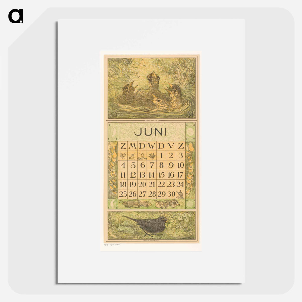 Kalenderblad juni met jonge vogels in een nest - テオ ヴァン ホイテマ Poster.