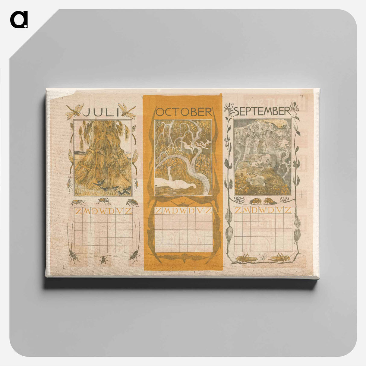 Kalenderbladen van juli, oktober en september, met korenschoven, zwanen en konijnen - テオ ヴァン ホイテマ Canvas.