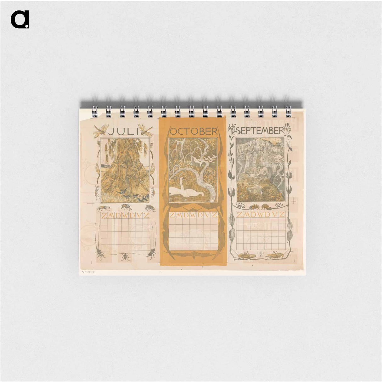 Kalenderbladen van juli, oktober en september, met korenschoven, zwanen en konijnen - テオ ヴァン ホイテマ Memo.