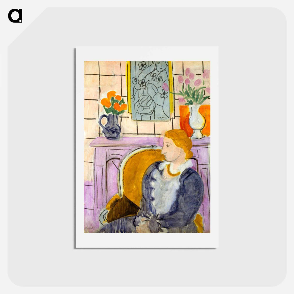 アートポストカード-Blue Dress in Ocher Armchair - アンリ マティス Postcard.