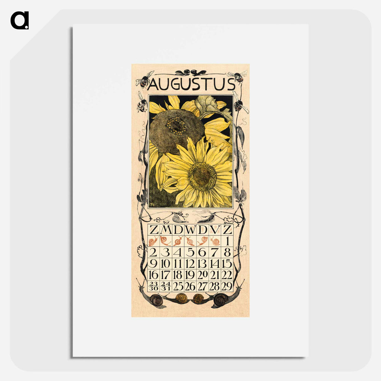 Kalenderblad augustus met zonnebloemen - テオ ヴァン ホイテマ Poster.