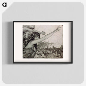 アートポスター-Woman with outstretched gesture and other spirits over townscape - ウワディスワフ テオドール ベンダ Poster.