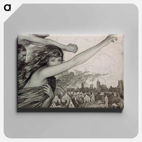 アートパネル-Woman with outstretched gesture and other spirits over townscape - ウワディスワフ テオドール ベンダ Canvas.