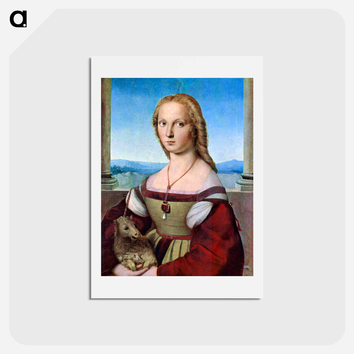 Raphael's Young Woman with Unicorn (Dame mit dem Einhorn) - ラファエロ サンティ Postcard.