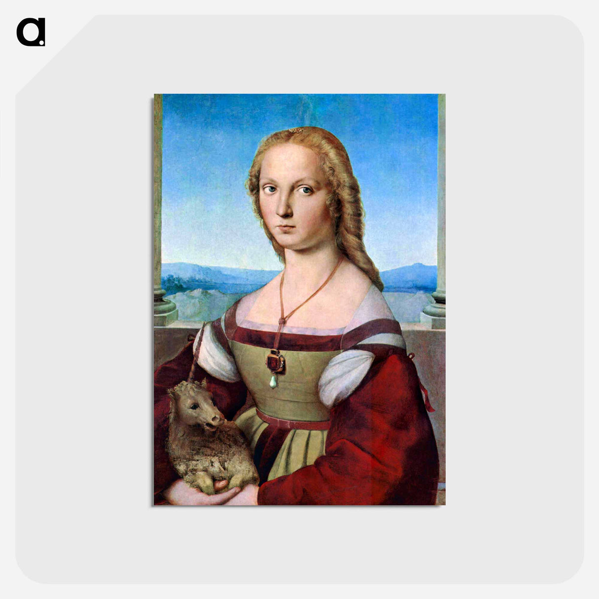 Raphael's Young Woman with Unicorn (Dame mit dem Einhorn) - ラファエロ サンティ Postcard.