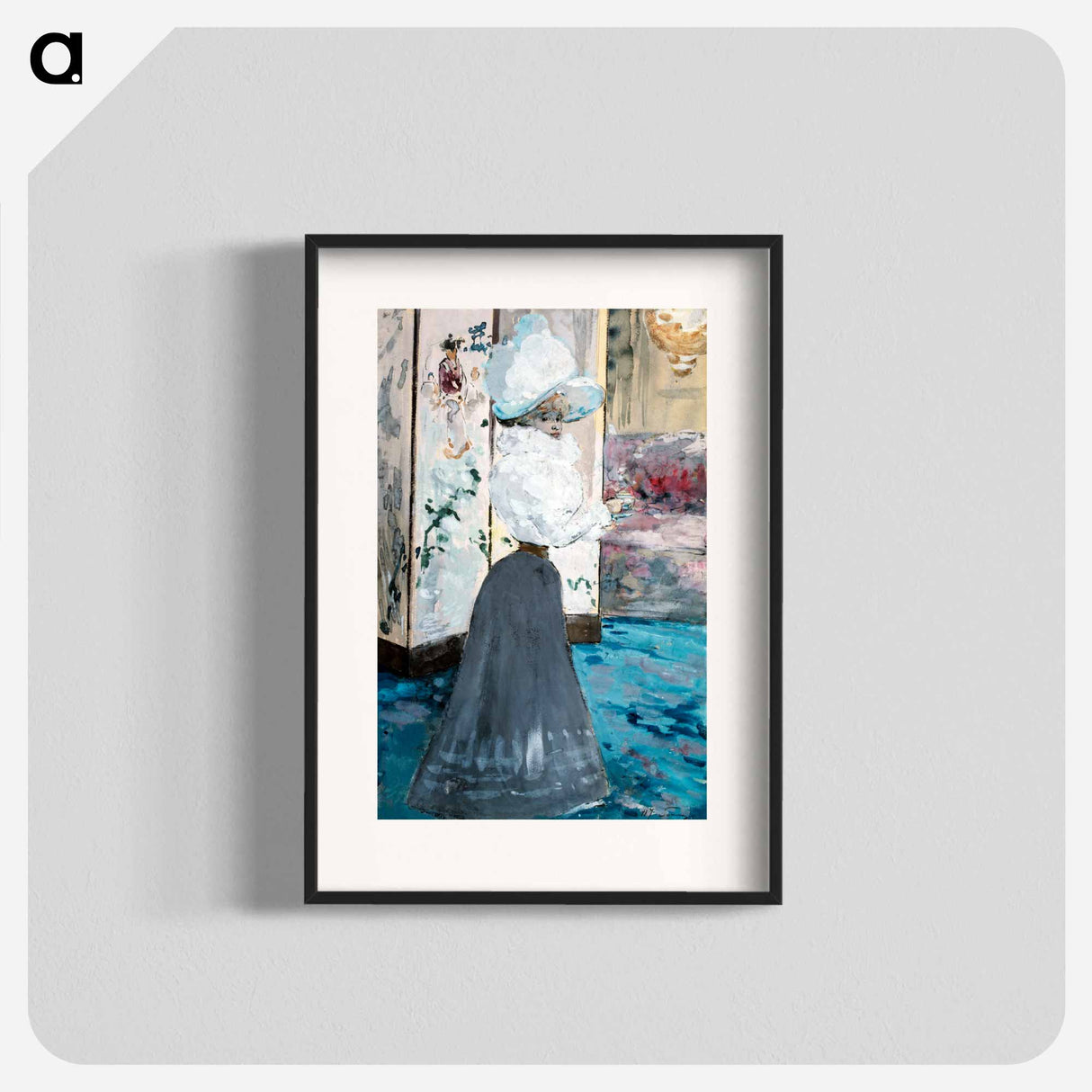 Woman holding a cup in front of a Japanese folding screen - アンリ ソム Poster.