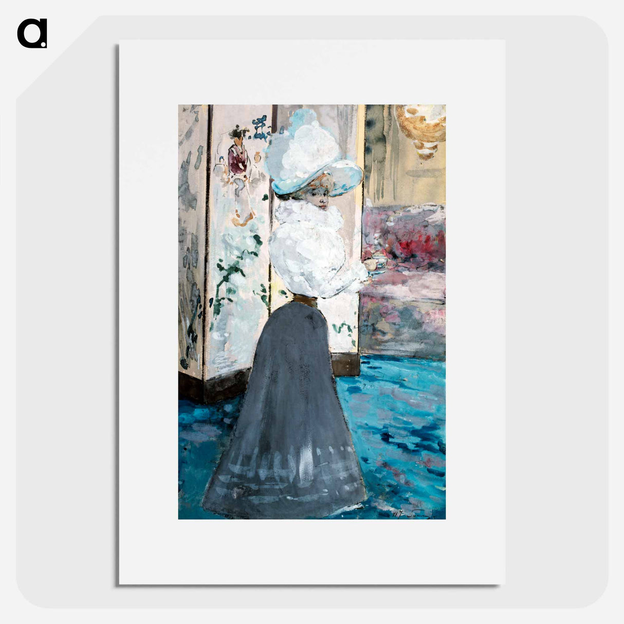 Woman holding a cup in front of a Japanese folding screen - アンリ ソム Poster.