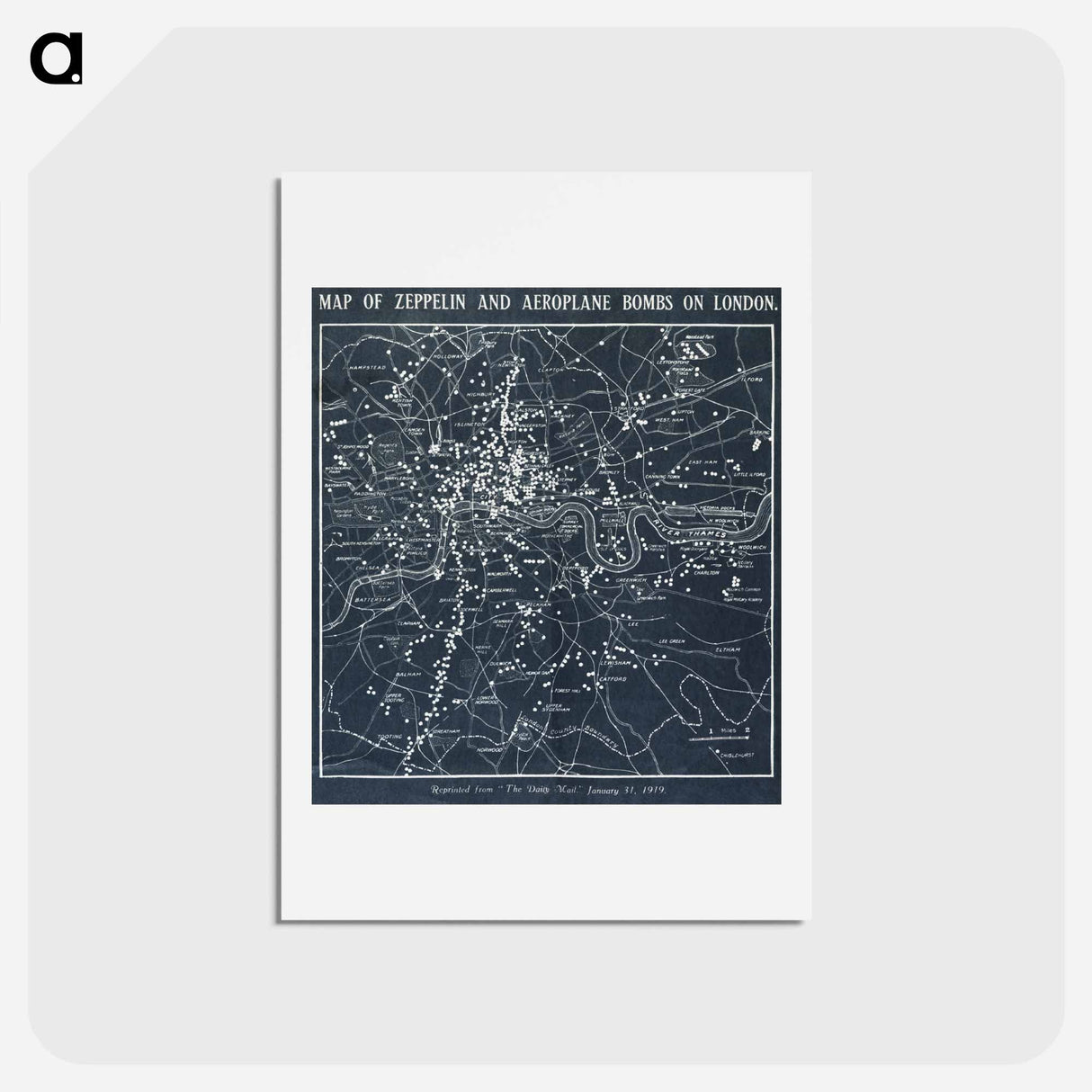 アートポストカード-Map of Zeppelin and aeroplane bombs on London - アンティーク地図 Postcard.