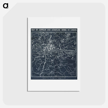 アートポストカード-Map of Zeppelin and aeroplane bombs on London - アンティーク地図 Postcard.