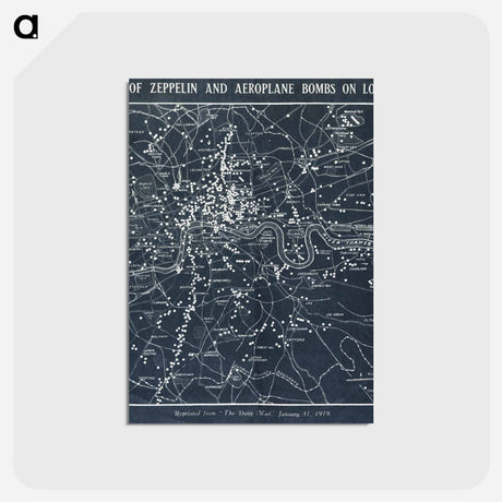 アートポストカード-Map of Zeppelin and aeroplane bombs on London - アンティーク地図 Postcard.