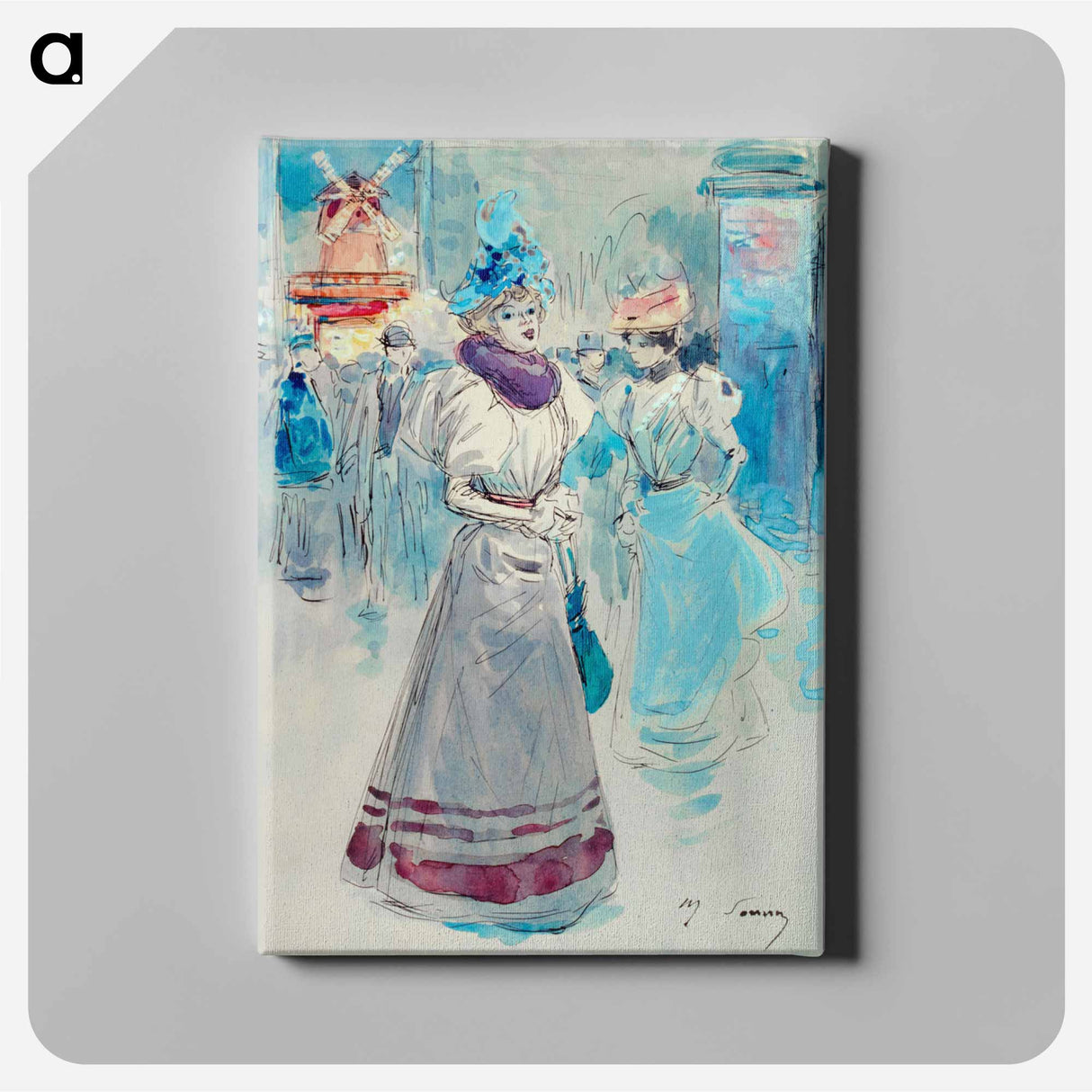 Elegant in a blue hat in front of the Moulin Rouge - アンリ ソム Canvas.