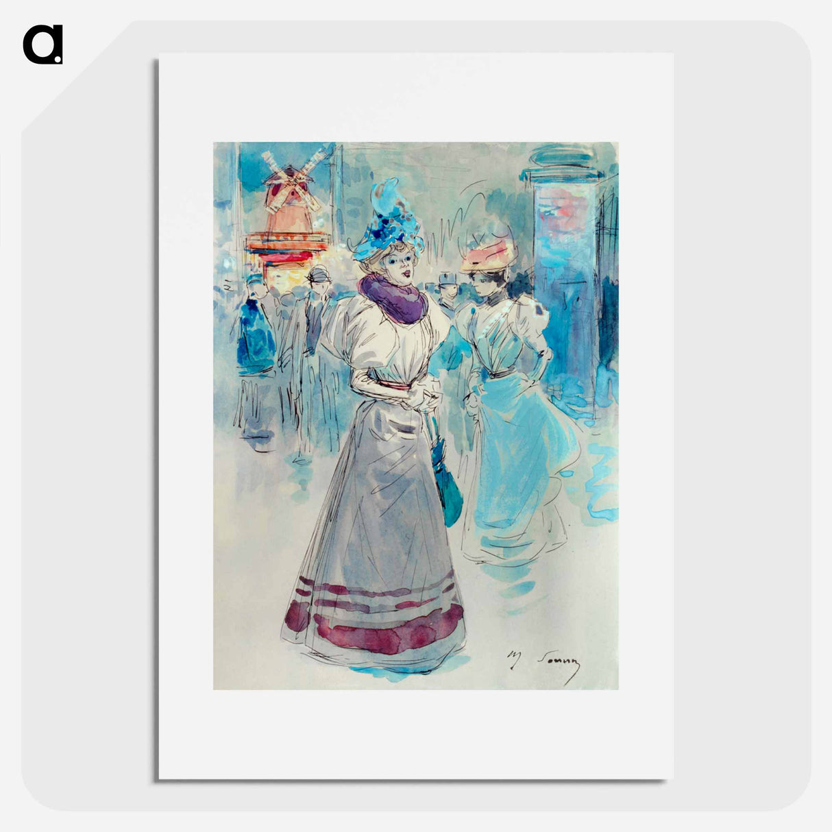 Elegant in a blue hat in front of the Moulin Rouge - アンリ ソム Poster.
