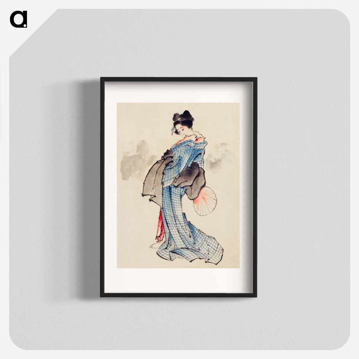 Woman, Full-Length Portrait, Standing, Facing Left, Holding Fan in Right Hand, Wearing Kimono with Check Design - 葛飾 北斎 Poster.