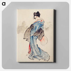 アートパネル-Woman, Full-Length Portrait, Standing, Facing Left, Holding Fan in Right Hand, Wearing Kimono with Check Design - 葛飾 北斎 Canvas.