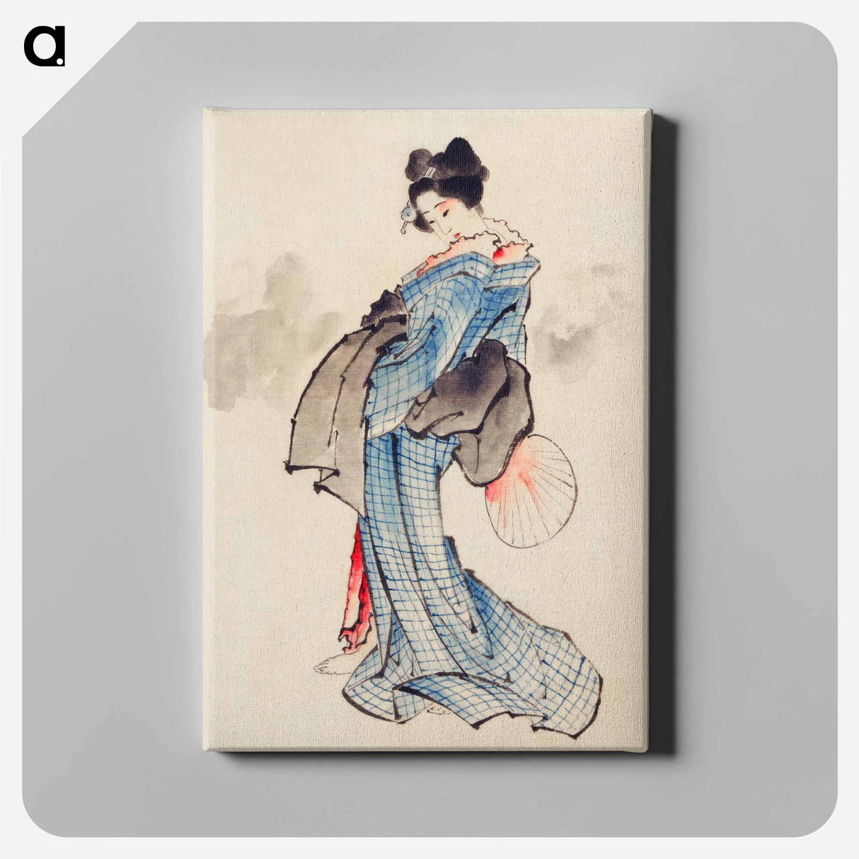 Woman, Full-Length Portrait, Standing, Facing Left, Holding Fan in Right Hand, Wearing Kimono with Check Design - Katsushika Hokusai Canvas.