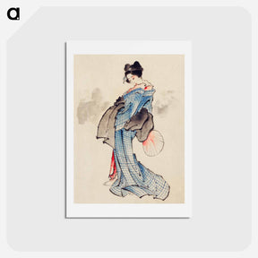 アートポストカード-Woman, Full-Length Portrait, Standing, Facing Left, Holding Fan in Right Hand, Wearing Kimono with Check Design - 葛飾 北斎 Postcard.