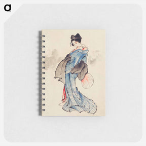 アートメモ帳-Woman, Full-Length Portrait, Standing, Facing Left, Holding Fan in Right Hand, Wearing Kimono with Check Design - 葛飾 北斎 Memo.