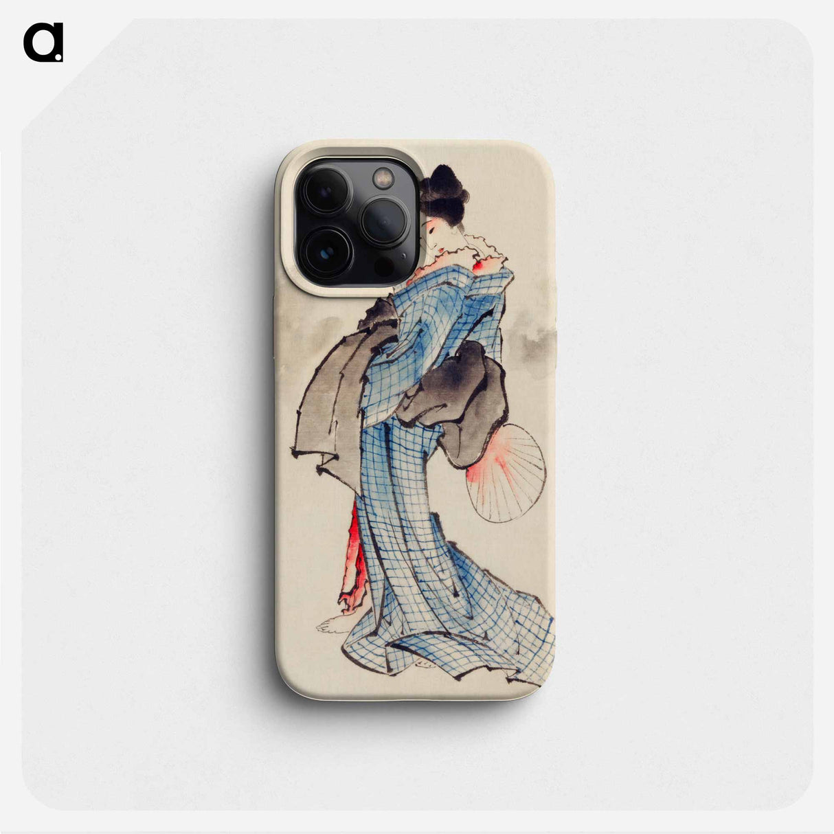 Woman, Full-Length Portrait, Standing, Facing Left, Holding Fan in Right Hand, Wearing Kimono with Check Design - Katsushika Hokusai Phone Case.