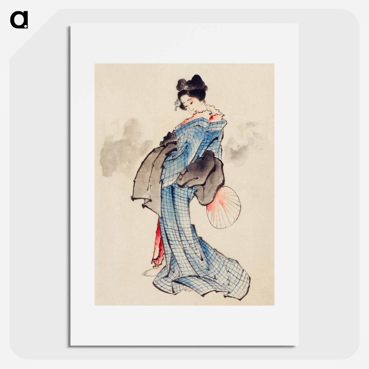 Woman, Full-Length Portrait, Standing, Facing Left, Holding Fan in Right Hand, Wearing Kimono with Check Design - Katsushika Hokusai Poster.