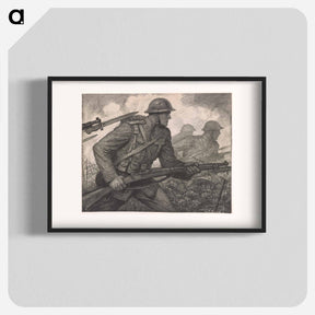 アートポスター-Soldiers carrying rifles with fixed bayonets, advancing through barbed wire entanglements - ウワディスワフ テオドール ベンダ Poster.