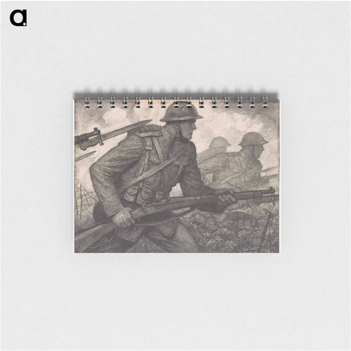 Soldiers carrying rifles with fixed bayonets, advancing through barbed wire entanglements - ウワディスワフ テオドール ベンダ Memo.