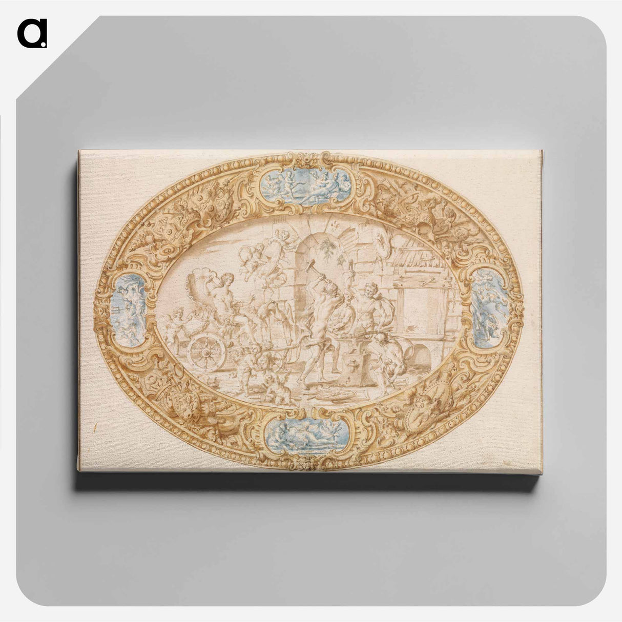 Design (Full-Scale Working Drawing) for a Large Oval Silver Dish with Silver Gilt Border Showing Vulcan's Forge - カラヴァッジョ Canvas.