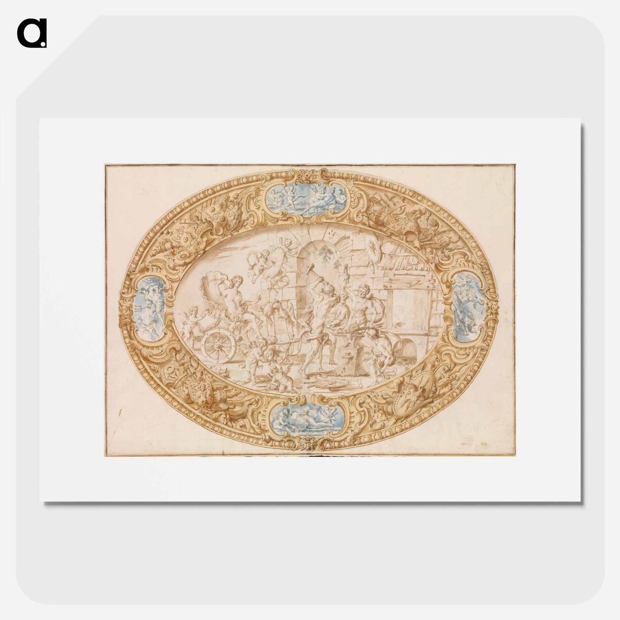 Design (Full-Scale Working Drawing) for a Large Oval Silver Dish with Silver Gilt Border Showing Vulcan's Forge - カラヴァッジョ Poster.