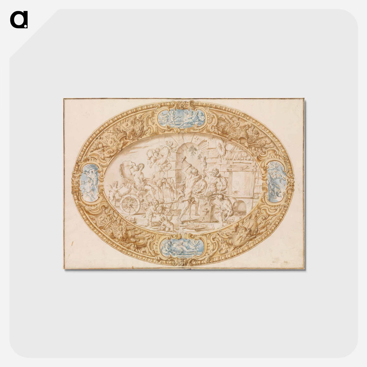 Design (Full-Scale Working Drawing) for a Large Oval Silver Dish with Silver Gilt Border Showing Vulcan's Forge - カラヴァッジョ Postcard.