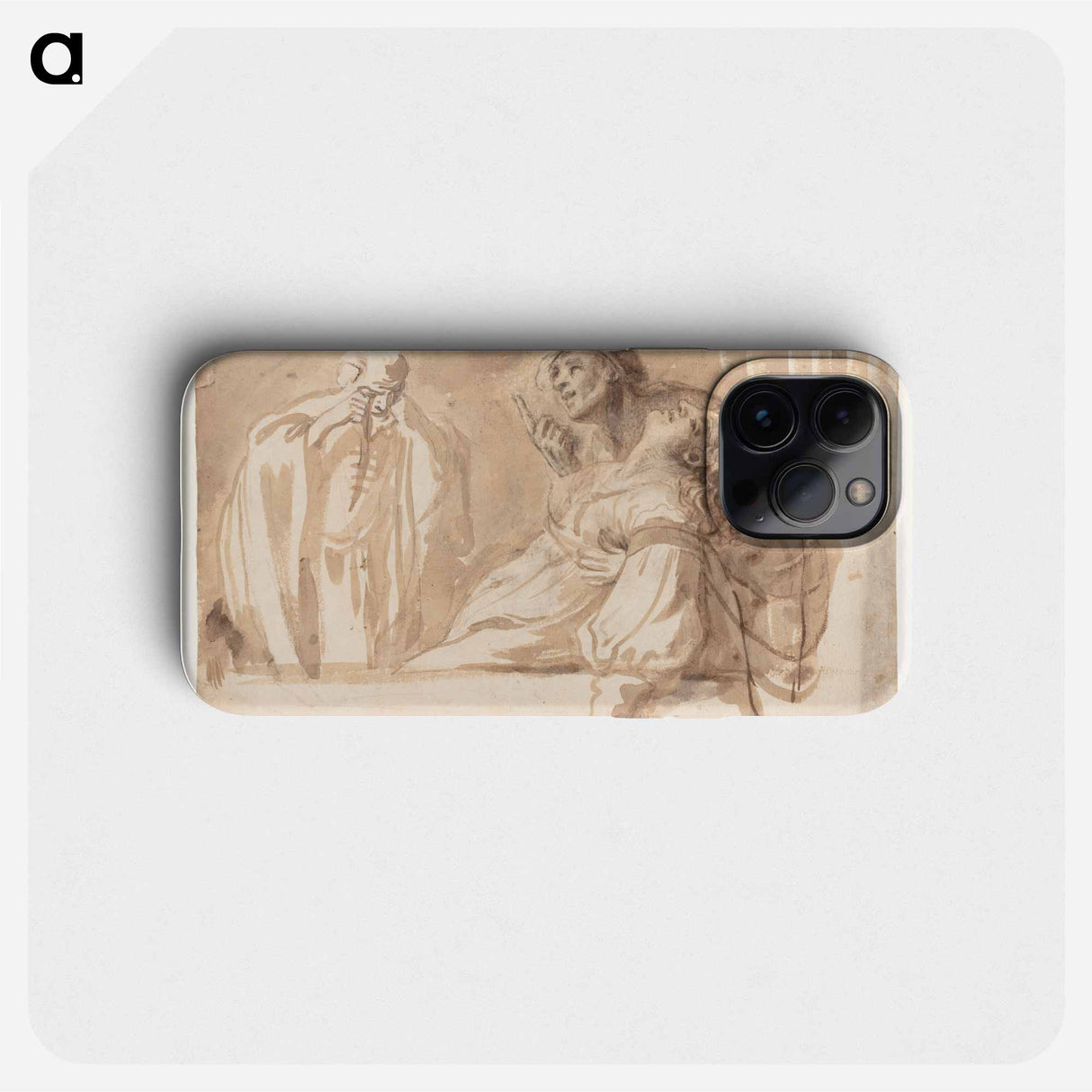 The title is "A young man points upwards while supporting a dead or passed out woman". - カラヴァッジョ Phone Case.