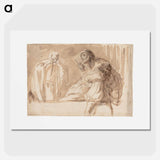 The title is "A young man points upwards while supporting a dead or passed out woman". - カラヴァッジョ Poster.