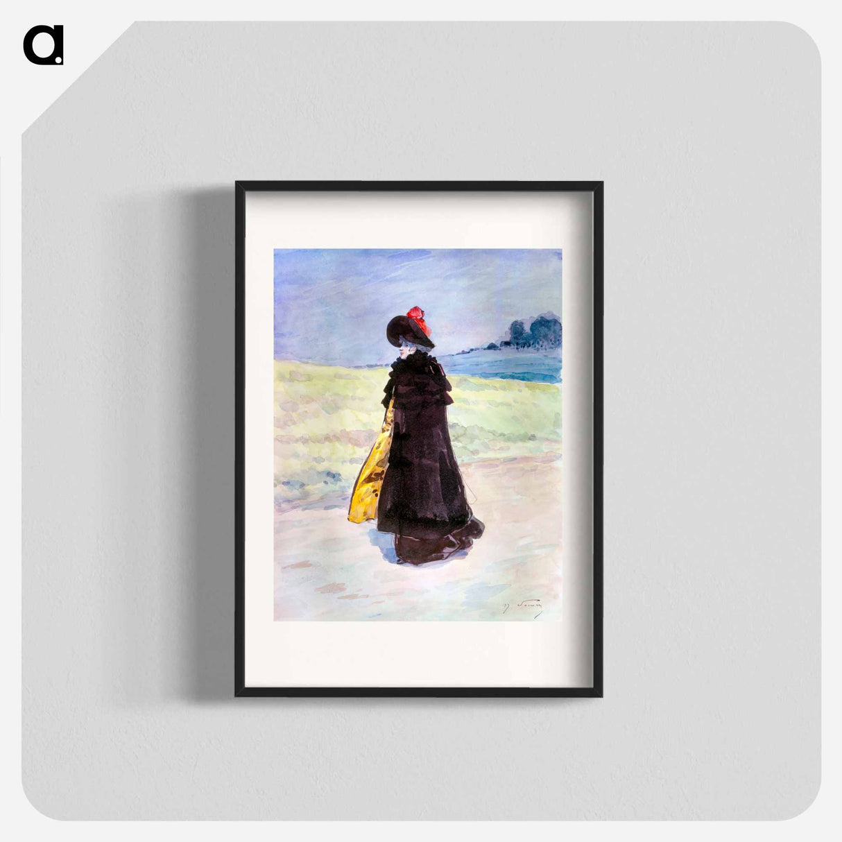 Elegant in a black cape in a landscape - アンリ ソム Poster.