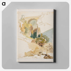 アートパネル-Watercolor study of landscape with a bridge over a ravine - ヴィルヘルム マーストランド Canvas.
