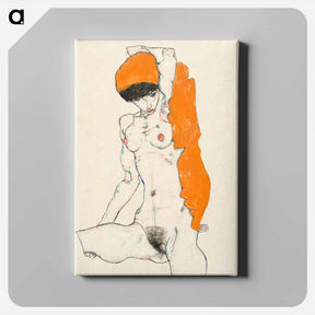 アートパネル-Vulgar naked woman. Standing Nude with Orange Drapery by Egon Schiele. - エゴン シーレ Canvas.