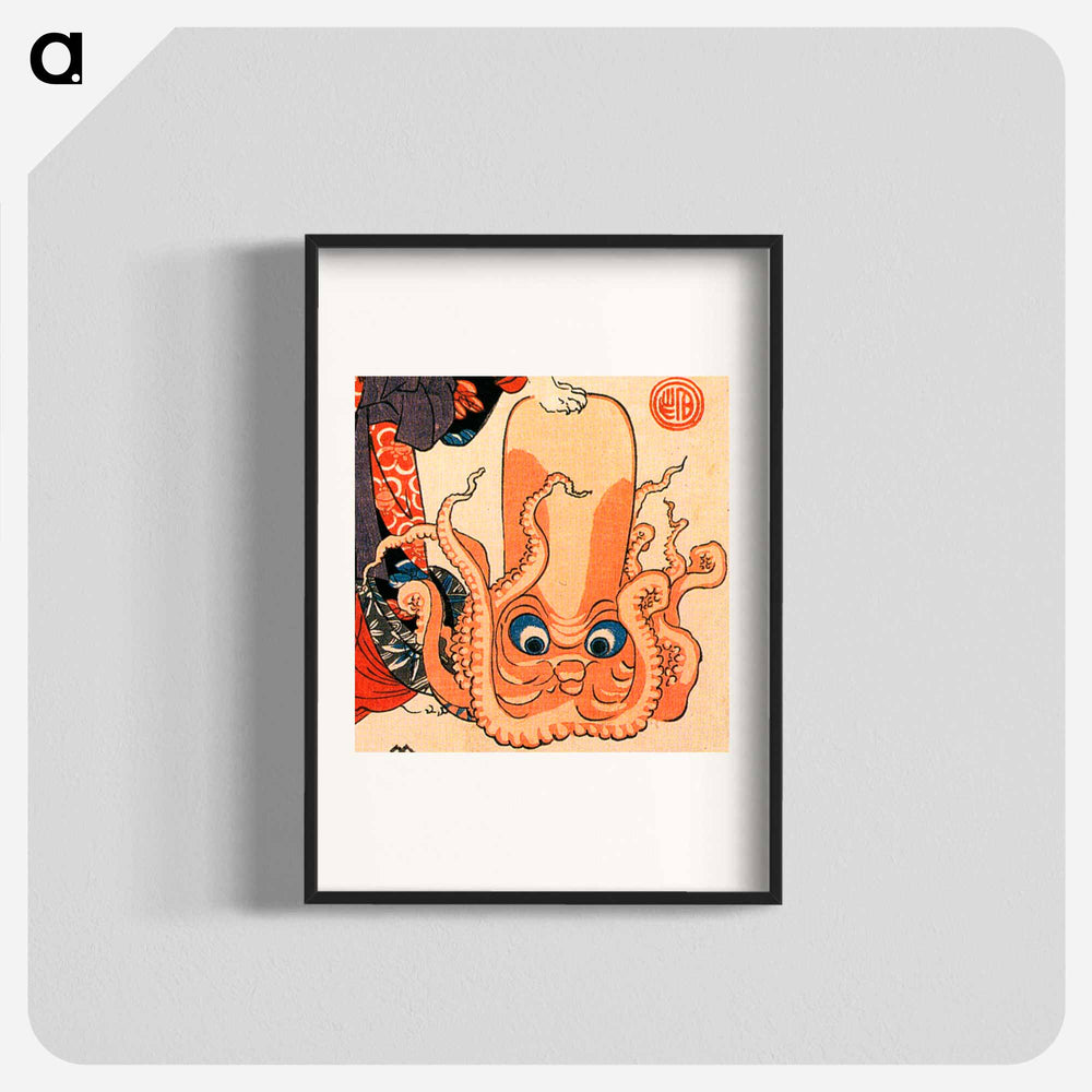 A cat dressed as a woman tapping the head of an octopus - 歌川 国芳 Poster.