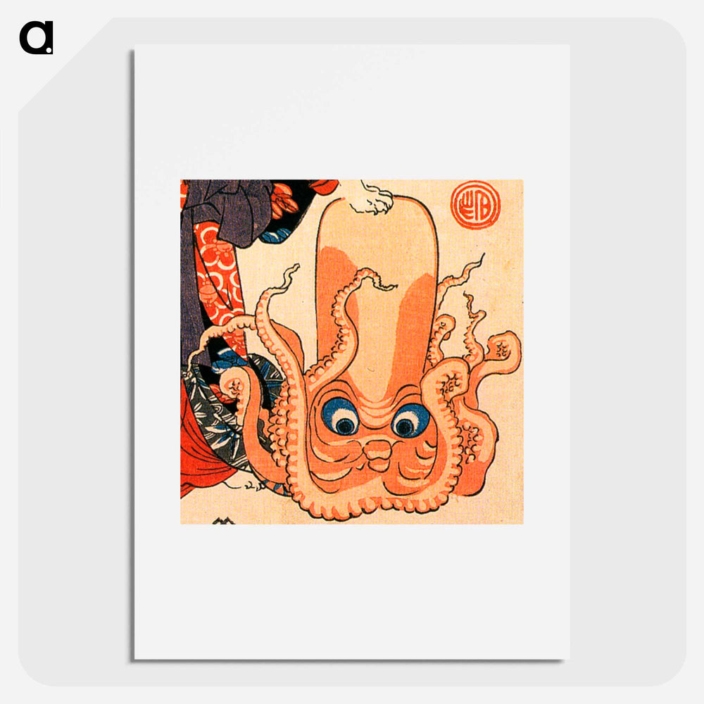 A cat dressed as a woman tapping the head of an octopus - 歌川 国芳 Poster.