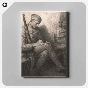 アートパネル-Soldier writing letter by Wladyslaw Theodore Benda - ウワディスワフ テオドール ベンダ Canvas.