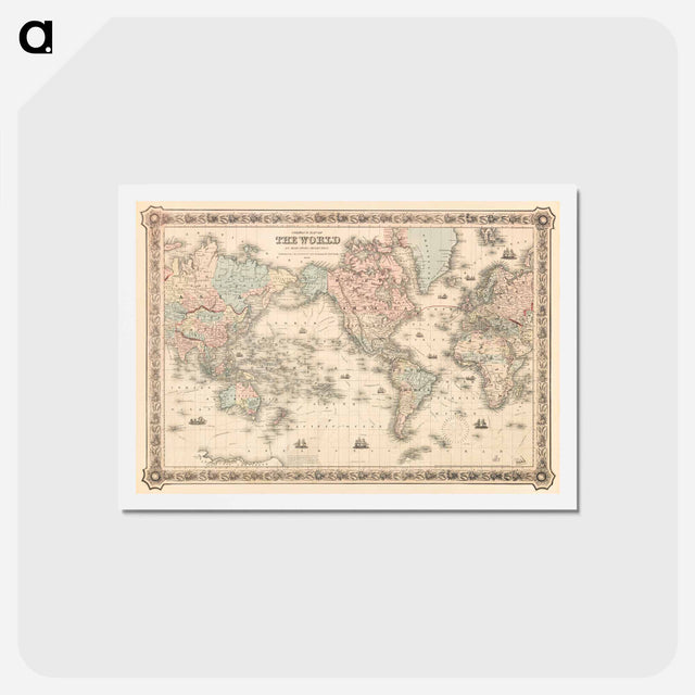 アートポストカード-Colton's Map of the World on Mercator's Projection - アンティーク地図 Postcard.