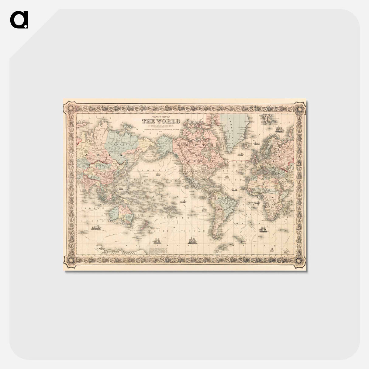 アートポストカード-Colton's Map of the World on Mercator's Projection - アンティーク地図 Postcard.