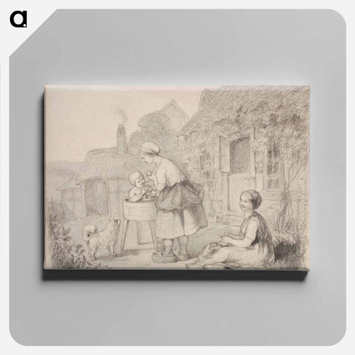 Talonpoikaisnainen kylvettämässä lastaan tuvan pihassa, oikealla maassa istuva neulova nainen, vasemmalla koira. - アンダース エクマン Canvas.