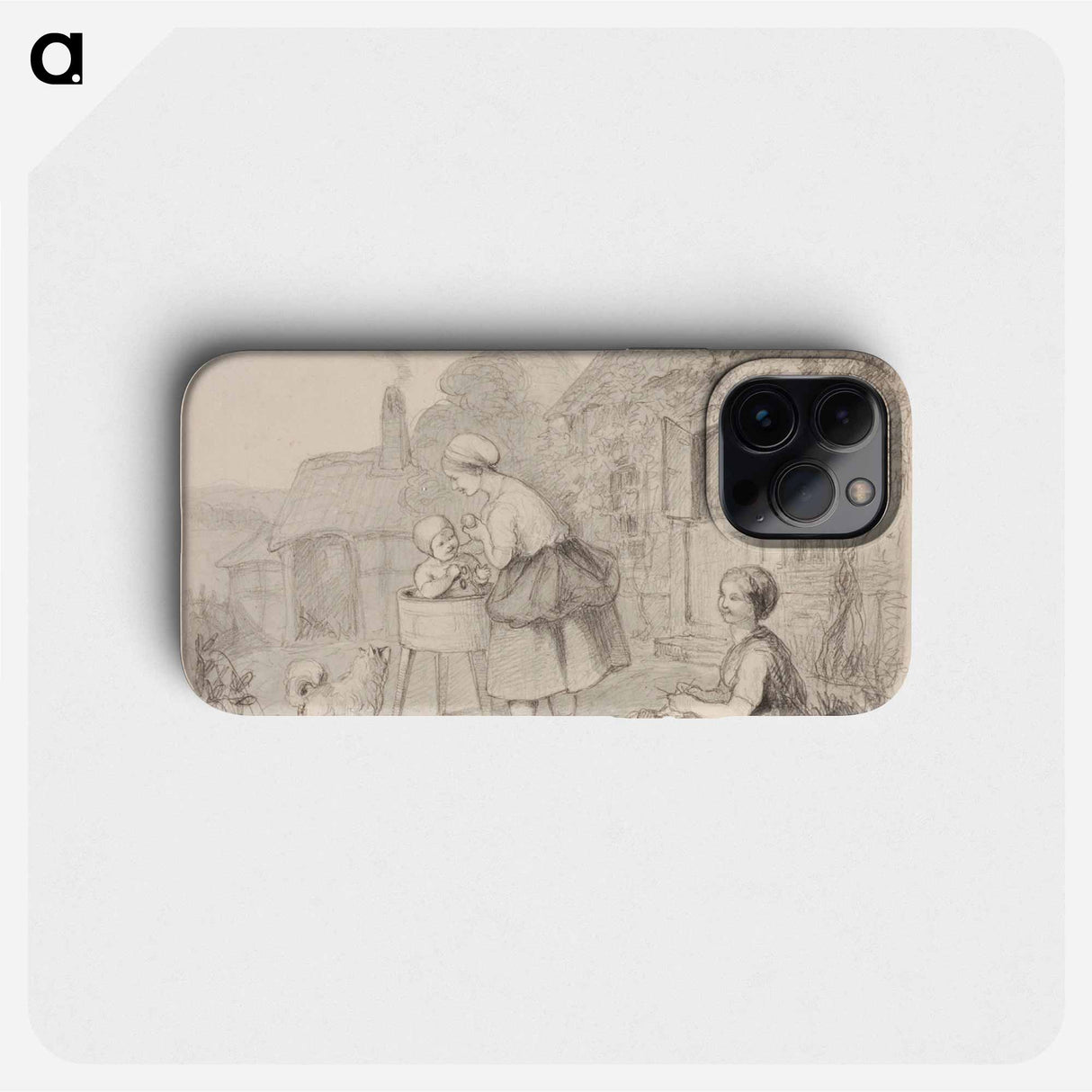 Talonpoikaisnainen kylvettämässä lastaan tuvan pihassa, oikealla maassa istuva neulova nainen, vasemmalla koira. - アンダース エクマン Phone Case.