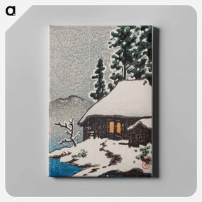 アートパネル-Farmhouse under Snowy Trees at Evening (Christmas Card, 1946), woodblock print, 14 x 9 cm - 川瀬 巴水 Canvas.