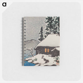 アートメモ帳-Farmhouse under Snowy Trees at Evening (Christmas Card, 1946), woodblock print, 14 x 9 cm - 川瀬 巴水 Memo.