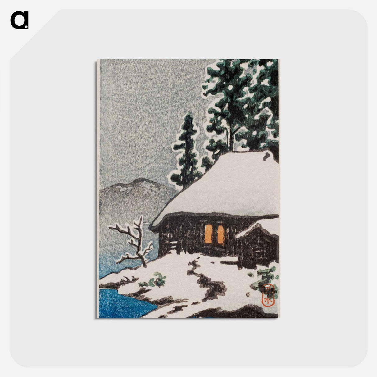 アートポストカード-Farmhouse under Snowy Trees at Evening (Christmas Card, 1946), woodblock print, 14 x 9 cm - 川瀬 巴水 Postcard.