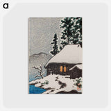 アートポストカード-Farmhouse under Snowy Trees at Evening (Christmas Card, 1946), woodblock print, 14 x 9 cm - 川瀬 巴水 Postcard.