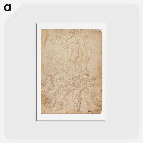 アートポストカード-Archers Shooting at a Herm, Triumph of Bacchus, and Other Studies by Michelangelo Buonarroti - ミケランジェロ ブオナローティ Postcard.