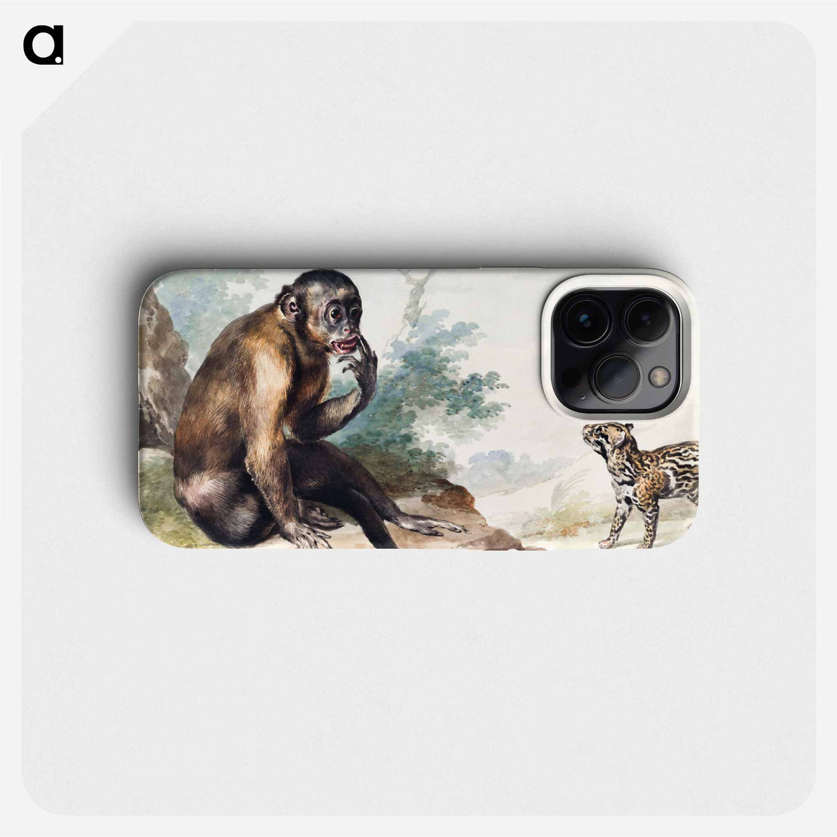 A Monkey Sitting on a Rock Looking at a Civet - アールト シューマン Phone Case.
