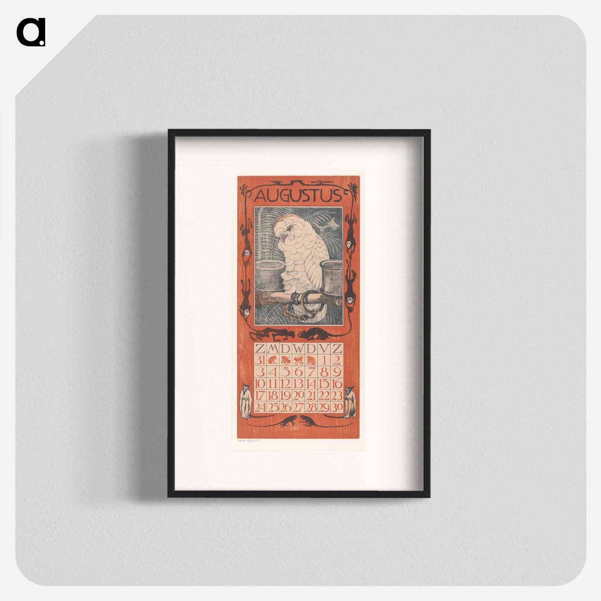 Kalenderblad augustus met kaketoe - テオ ヴァン ホイテマ Poster.